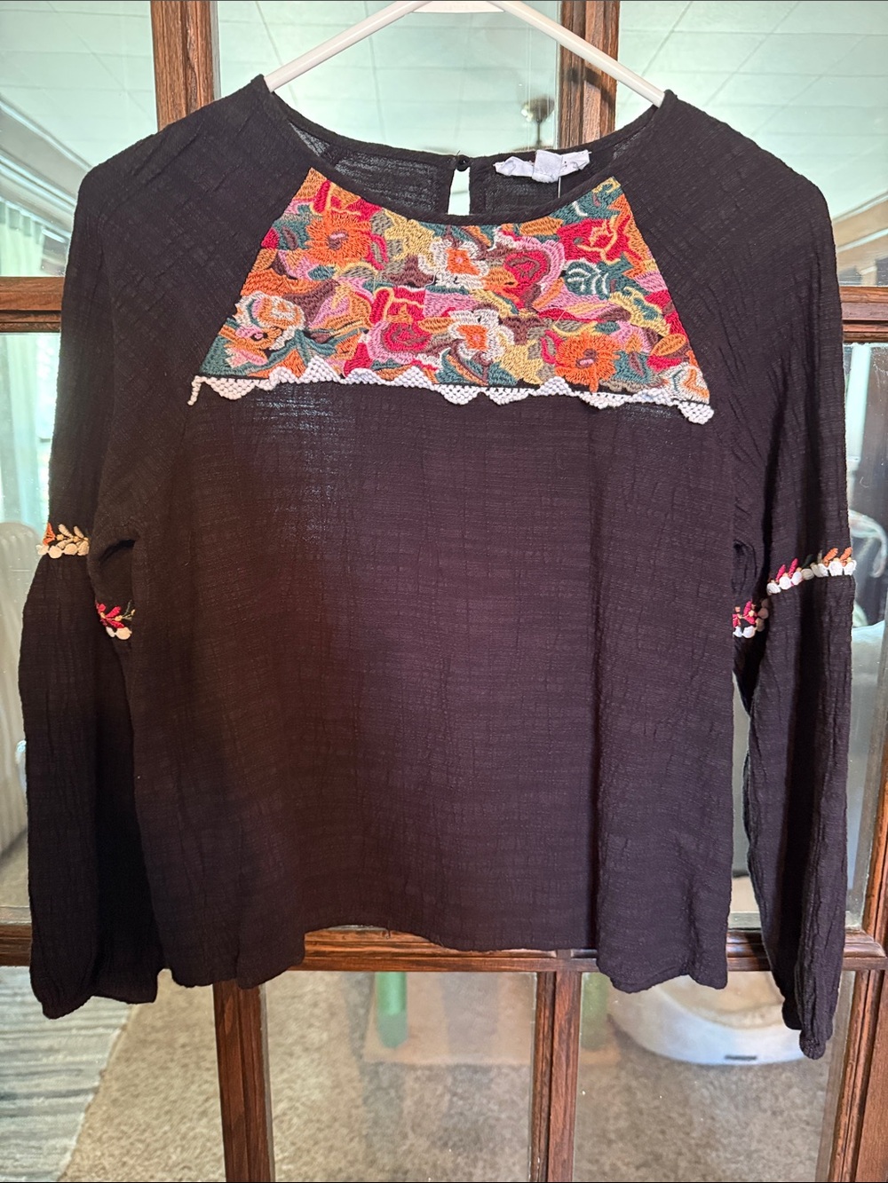 THML Black Peasant Blouse with Multicolor Embroidered Yoke